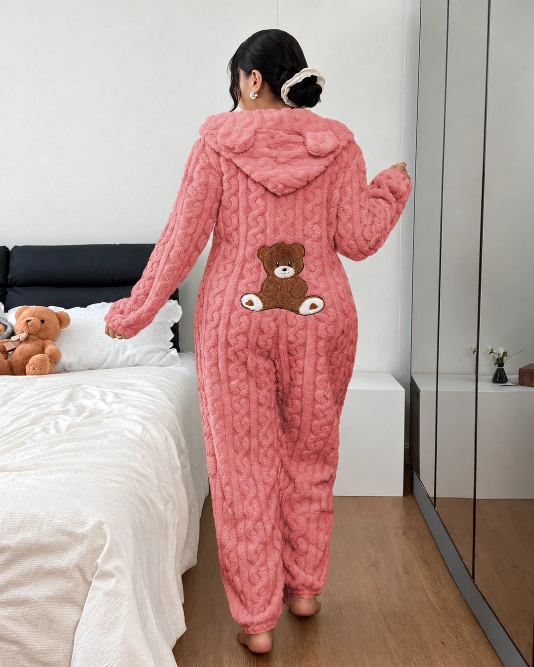 Women's Plush Teddy Bear Hooded Onesie Pajamas