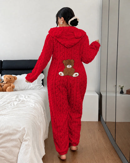 Women's Plush Teddy Bear Hooded Onesie Pajamas