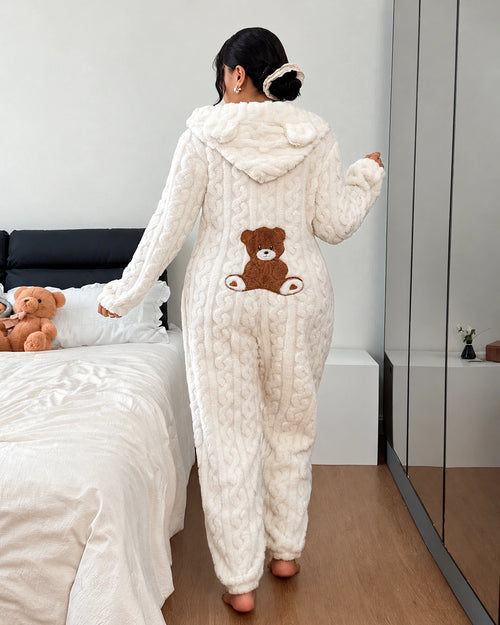 Women's Plush Teddy Bear Hooded Onesie Pajamas