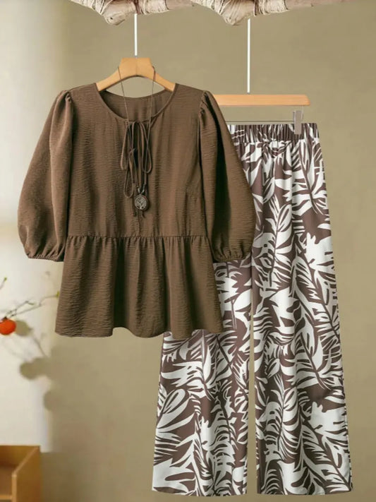 Elegant Minimalist Plus Size Women's Solid Color Shirt & Printed Pants Set