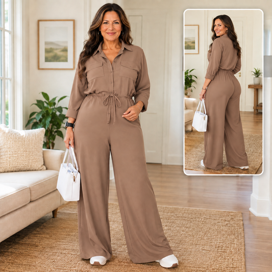 Women’s Drawstring-Waist Wide-Leg Shirt Jumpsuit
