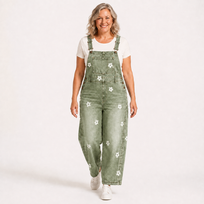 Women's Relaxed Floral Denim Bib Overalls