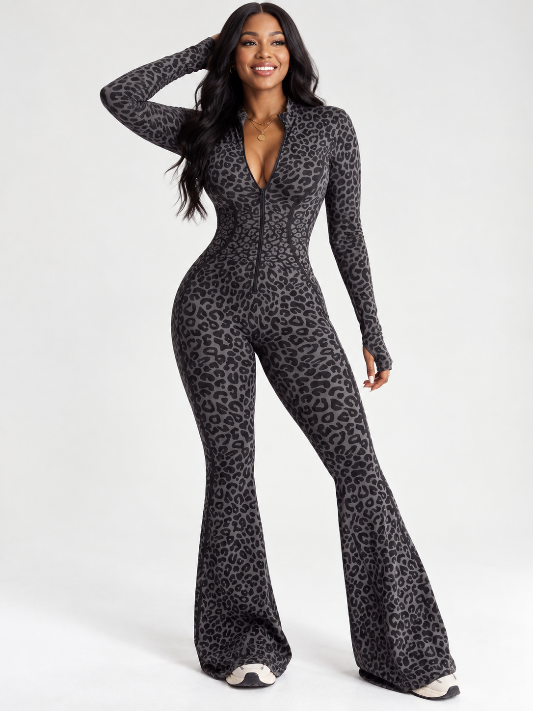 Sexy Leopard Zip Up V-Neck Flare Leg Jumpsuit