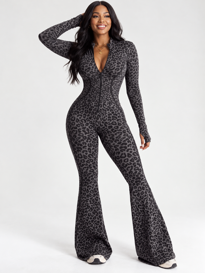 Sexy Leopard Zip Up V-Neck Flare Leg Jumpsuit