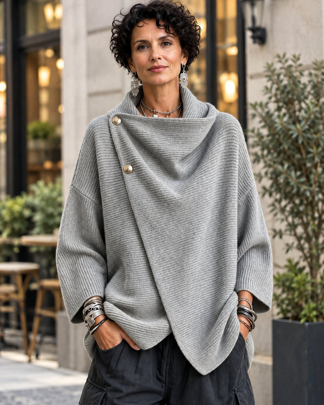 Women's Asymmetric Button Cowl Neck Knit Sweater