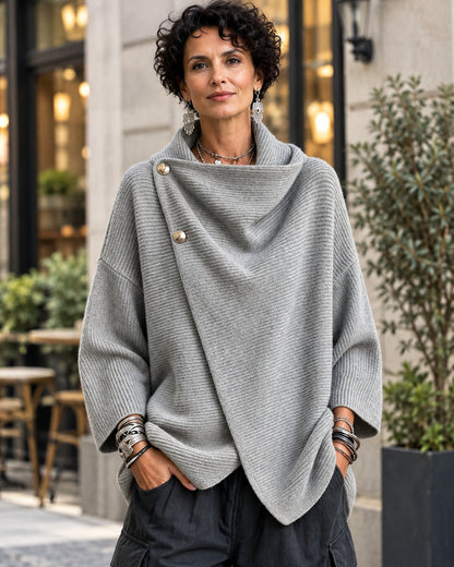 Women's Asymmetric Button Cowl Neck Knit Sweater