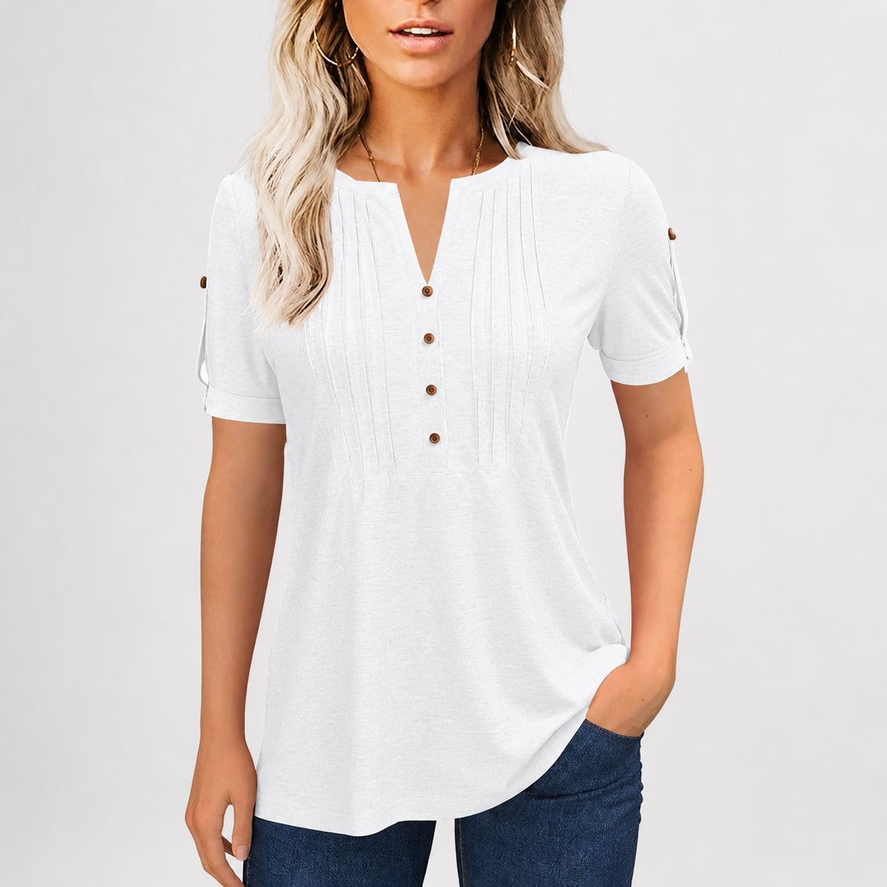 Women’s Pleated V-Neck Button Top