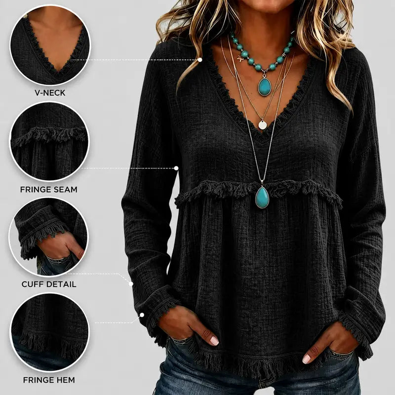 Women’s Boho V-Neck Fringe Babydoll Top