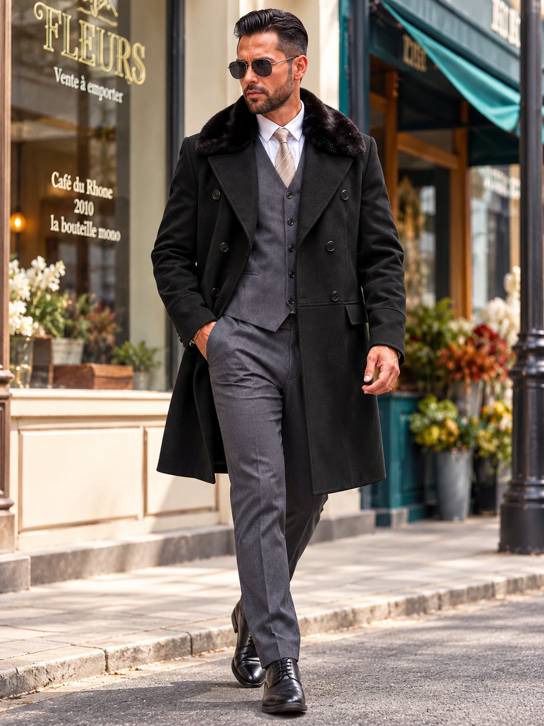 Men's Double-Breasted Faux Fur Collar Coat