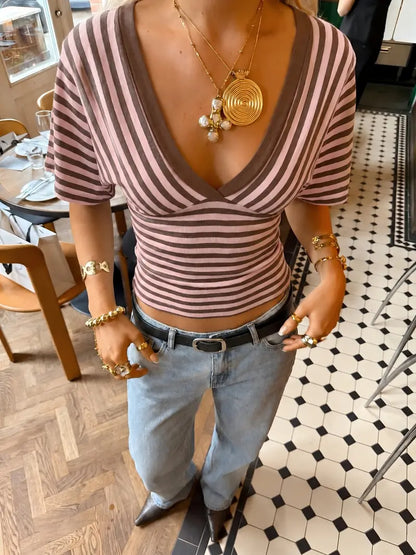 Women’s Striped Deep V-Neck Wrap Crop Top