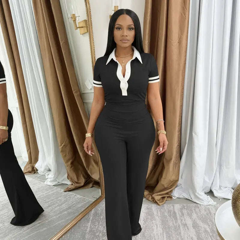 Women’s Contrast-Collar Stretch Top & Flared Pants Set