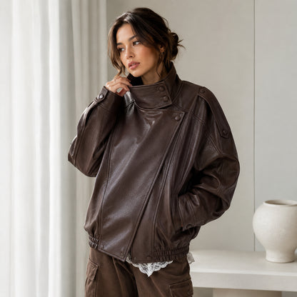 Women’s Oversized Stand Collar Faux Leather Jacket