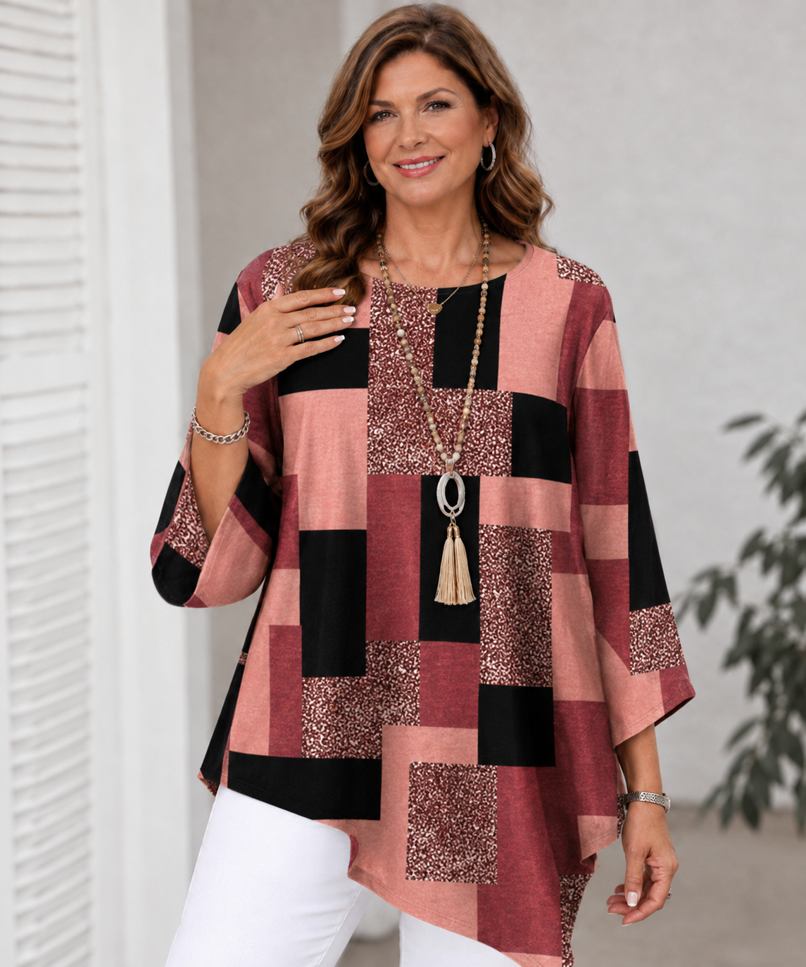 Plus Size Geometric Colorblock Tunic 3/4 Sleeve Top