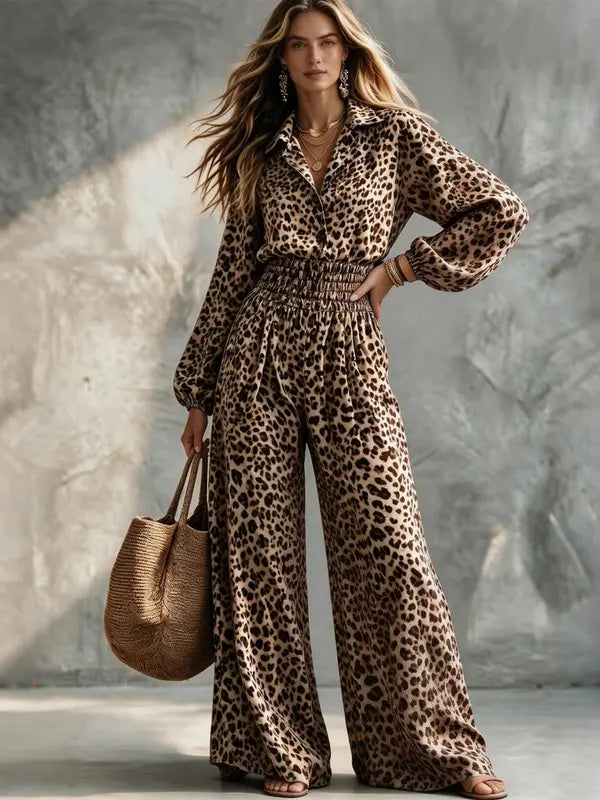 Women's Leopard Print Smocked-Waist Wide-Leg Jumpsuit