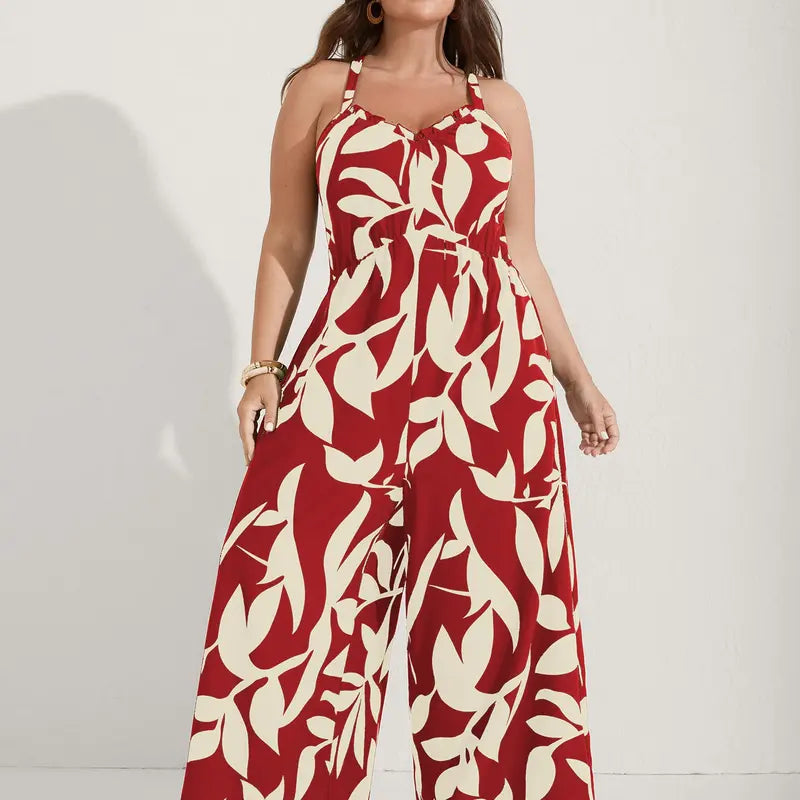 Plus Size Boho Wide-Leg Jumpsuit with Pockets