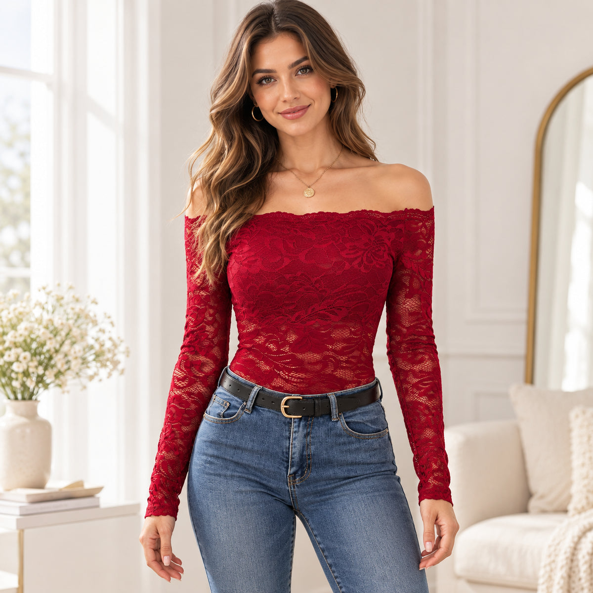 Women’s Soft-Touch Lace Off-Shoulder Long Sleeve Top