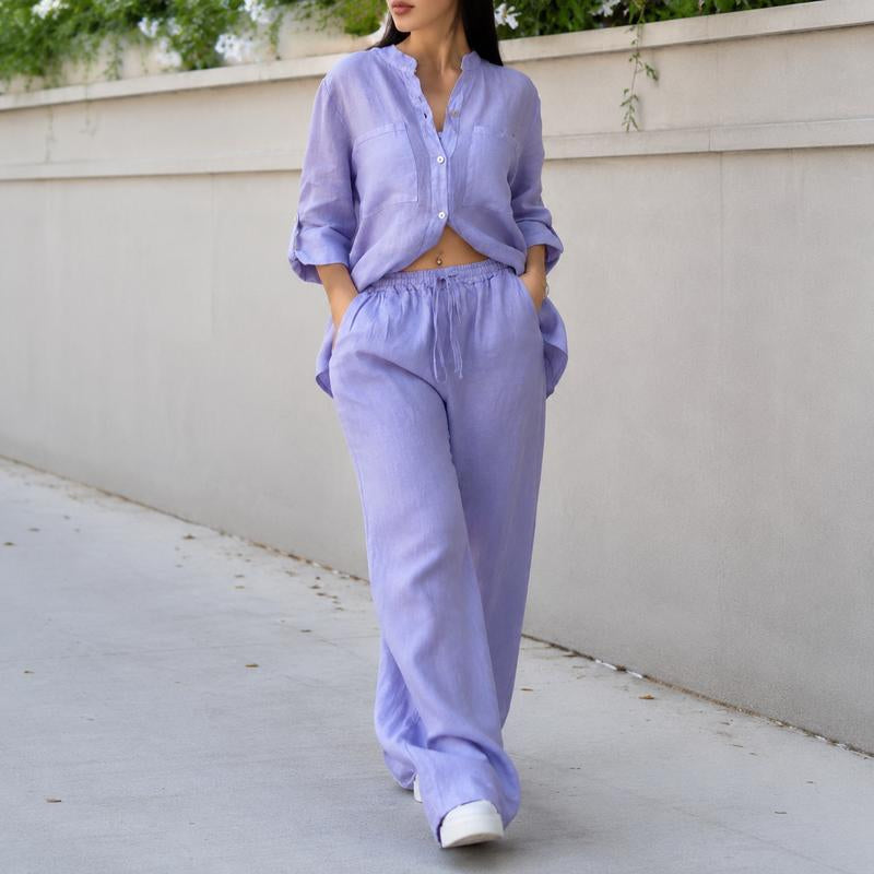 Women's Cotton Button-Up Shirt & Wide-Leg Pants Set