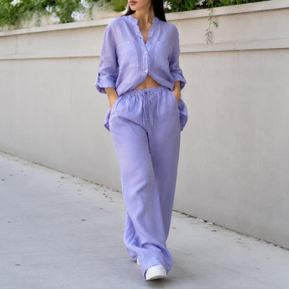 Women's Cotton Button-Up Shirt & Wide-Leg Pants Set