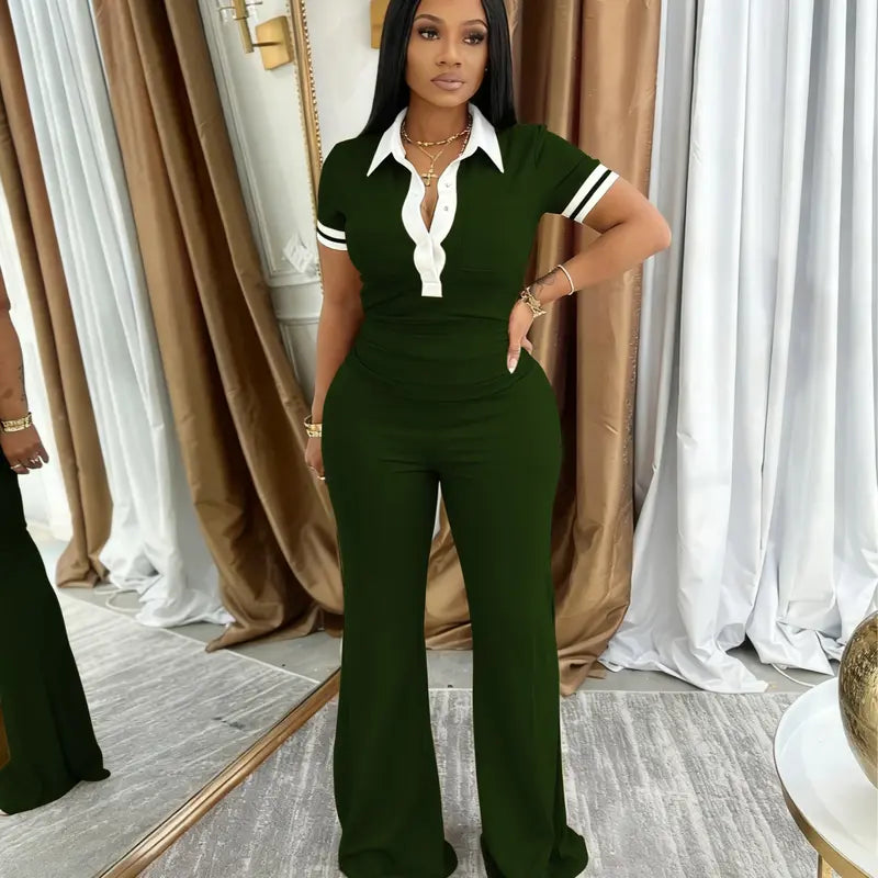 Women’s Contrast-Collar Stretch Top & Flared Pants Set