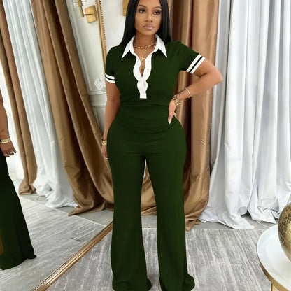 Women’s Contrast-Collar Stretch Top & Flared Pants Set