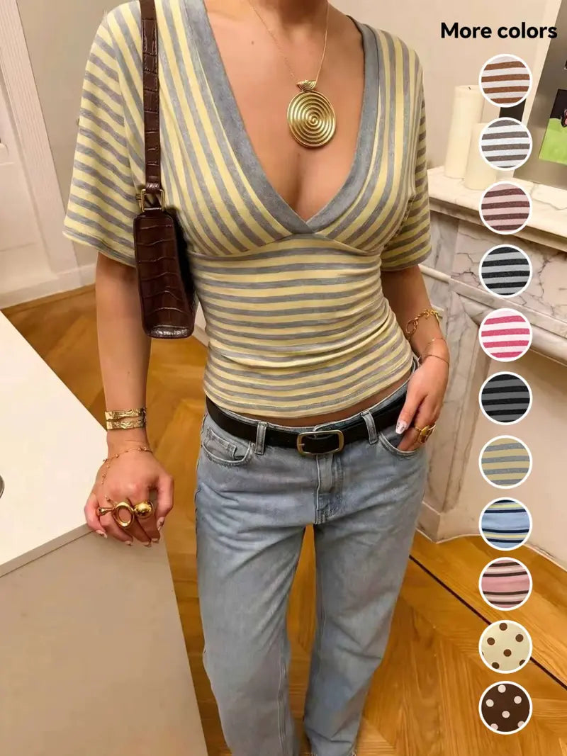 Women’s Striped Deep V-Neck Wrap Crop Top