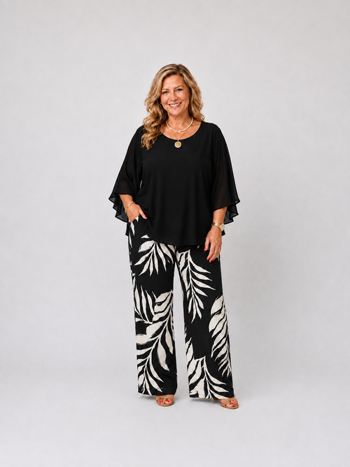 Plus Size Elegant Chiffon Top & Botanical Wide-Leg Pants Set
