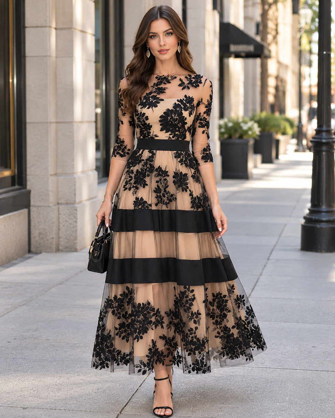 Women's Elegant Flocked Floral Mesh Midi Dress