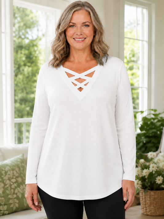 Plus Size Solid Criss-Cross V-Neck Long Sleeve Top