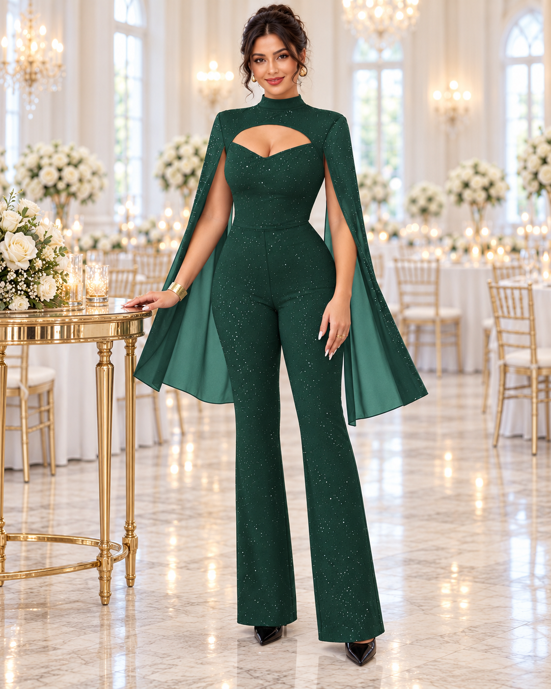Women’s Sequin Cutout Cape Jumpsuit
