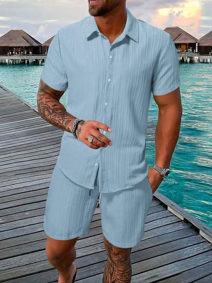 ☀️ Men's Textured Short Sleeve Shirt & Shorts 2-Piece Set