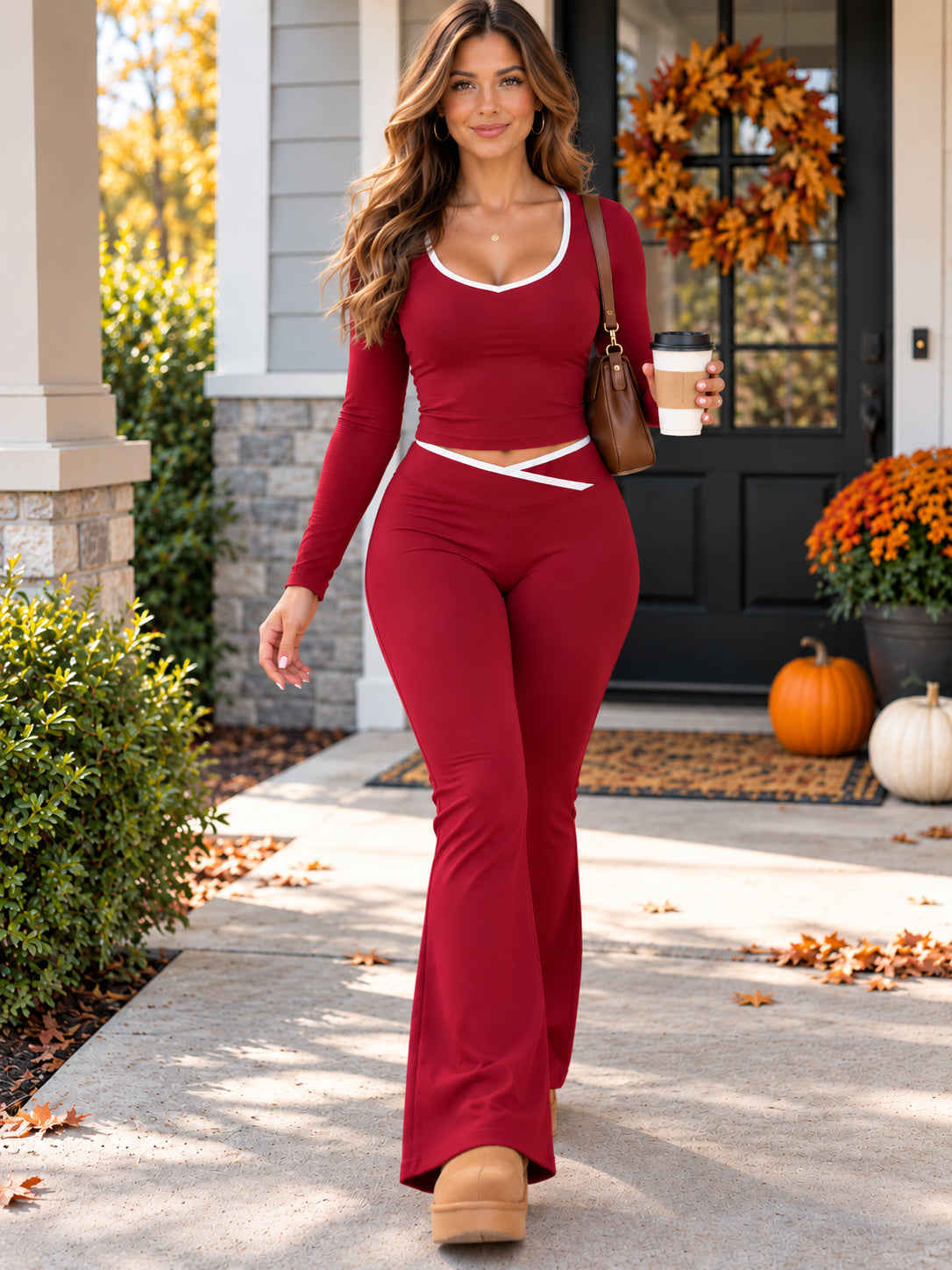 Women's Contrast Trim Cross-Waist Top & Flared Pants Set
