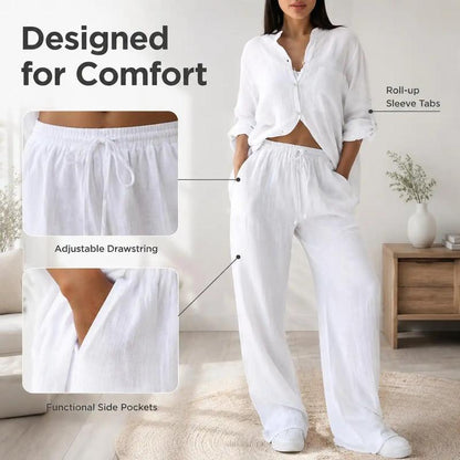 Women's Cotton Button-Up Shirt & Wide-Leg Pants Set