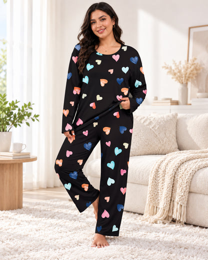 Women's Colorful Heart Print Long Sleeve Pajama Set