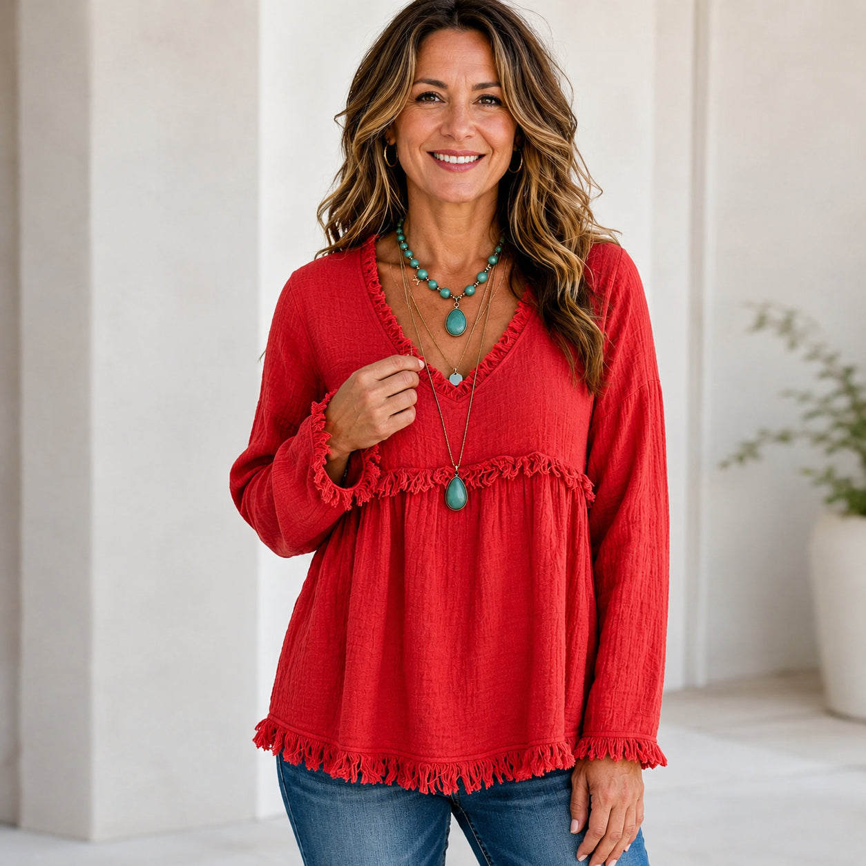 Women’s Boho V-Neck Fringe Babydoll Top