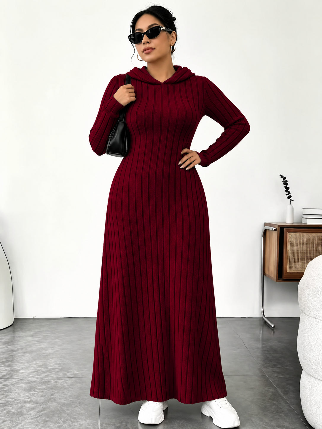 Women’s Slim-Fit Ribbed Hooded Maxi Dress