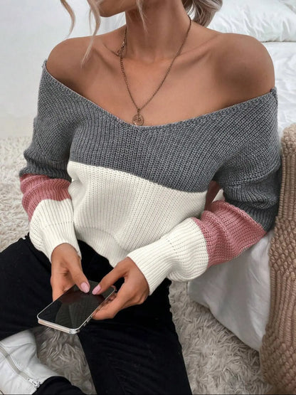 Women's Color Block Off-Shoulder Bow Back Knit Sweater