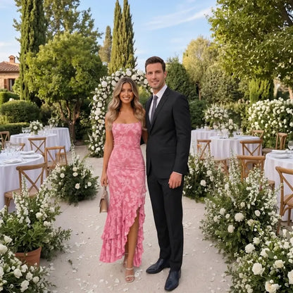 Floral Mermaid Maxi Dress – Ruched Square Neck