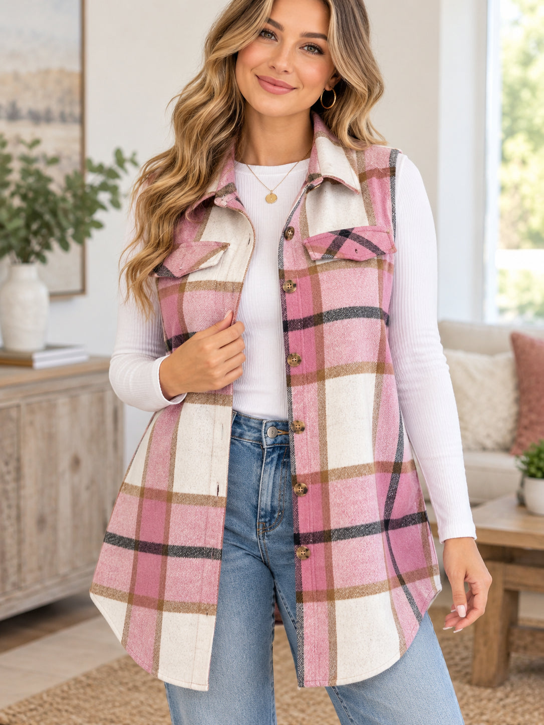Women’s Plaid Longline Button-Front Vest
