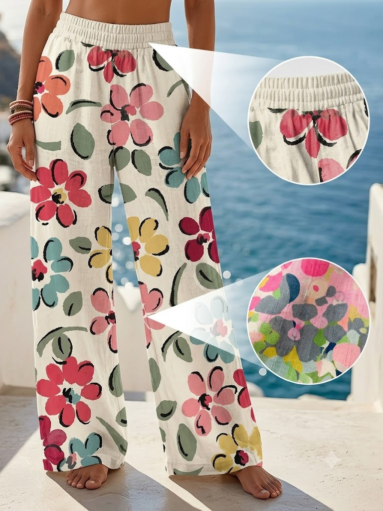 🌸Women Boho Floral Bird Print Wide Leg Long Pants With Pockets