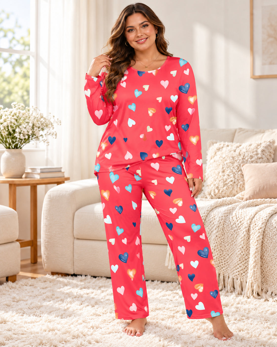 Women's Colorful Heart Print Long Sleeve Pajama Set