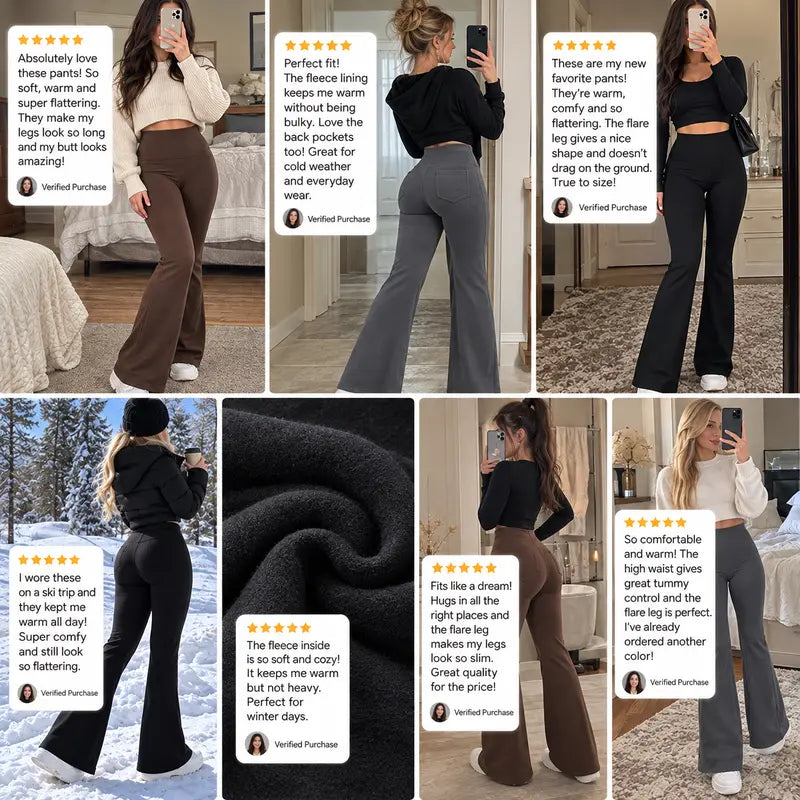 Women's Fleece-Lined High-Waisted Flare Leggings with Pockets