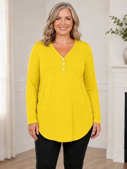 Plus Size V-Neck Henley Long Sleeve Tunic Top