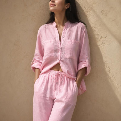 Women's Cotton Button-Up Shirt & Wide-Leg Pants Set