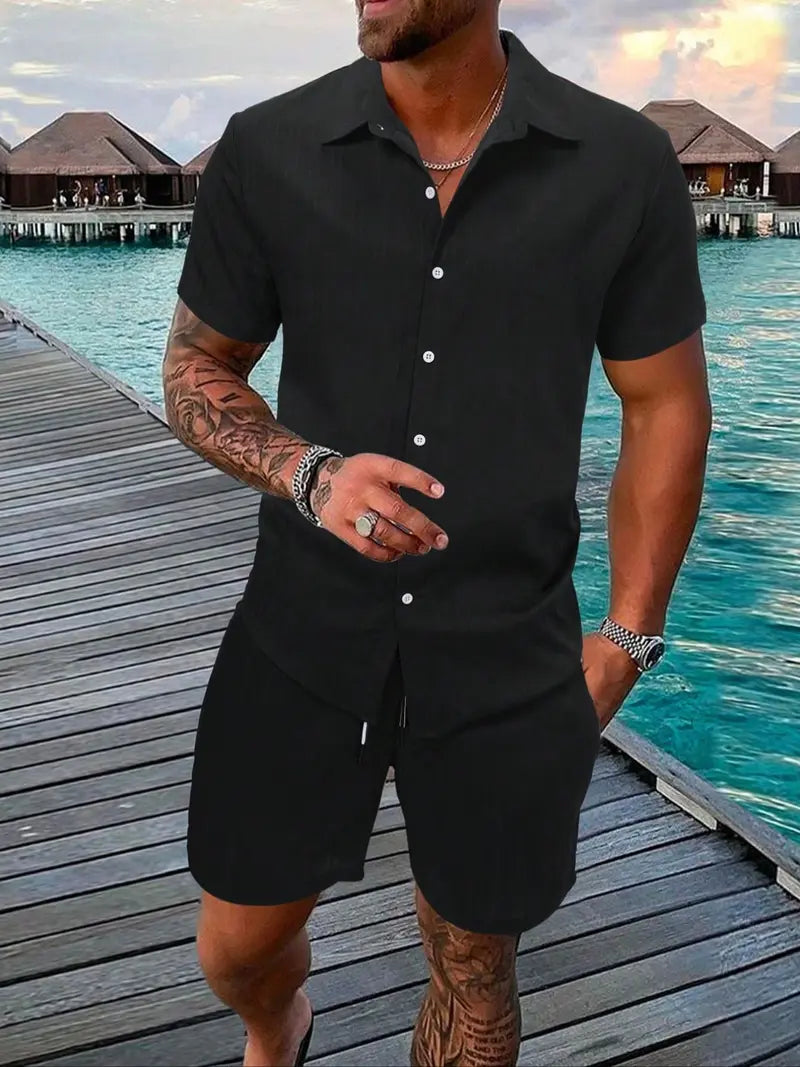 ☀️ Men's Textured Short Sleeve Shirt & Shorts 2-Piece Set