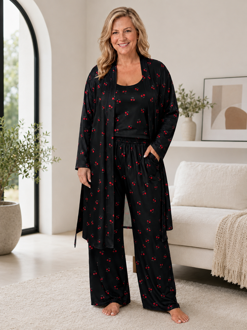 Cherry Floral 3-Piece Loungewear Set in Plus Sizes