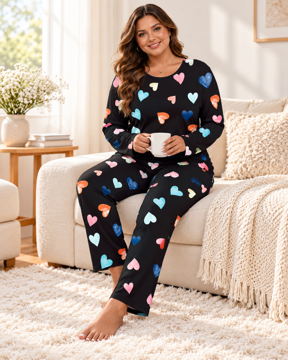 Women's Colorful Heart Print Long Sleeve Pajama Set