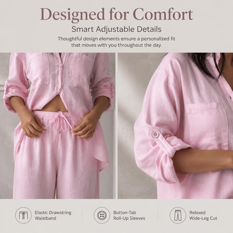 Women's Cotton Button-Up Shirt & Wide-Leg Pants Set