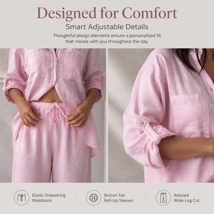 Women's Cotton Button-Up Shirt & Wide-Leg Pants Set