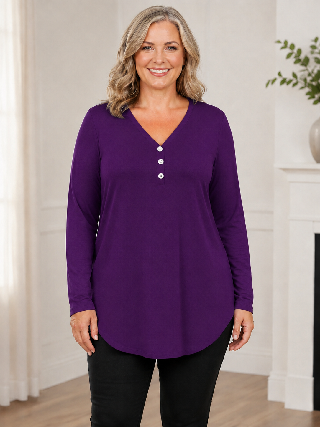 Plus Size V-Neck Henley Long Sleeve Tunic Top