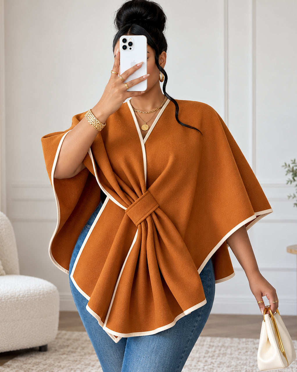 Women's Elegant Contrast-Trim Wrap Cape